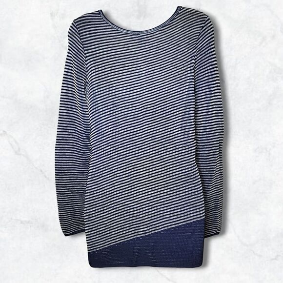 Nic+Zoe Asymmetrical Striped Textured Long Sleeve Stretch Navy & White Tunic Top - Picture 6 of 8
